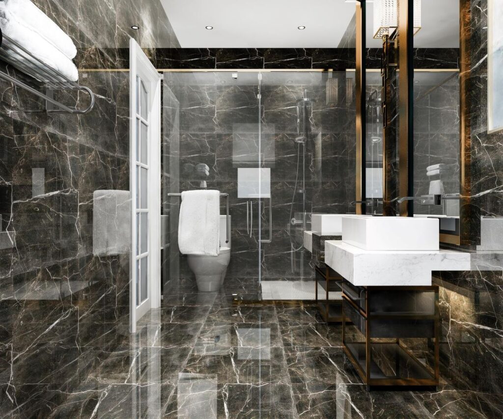 modern black bathroom with luxury tile decor