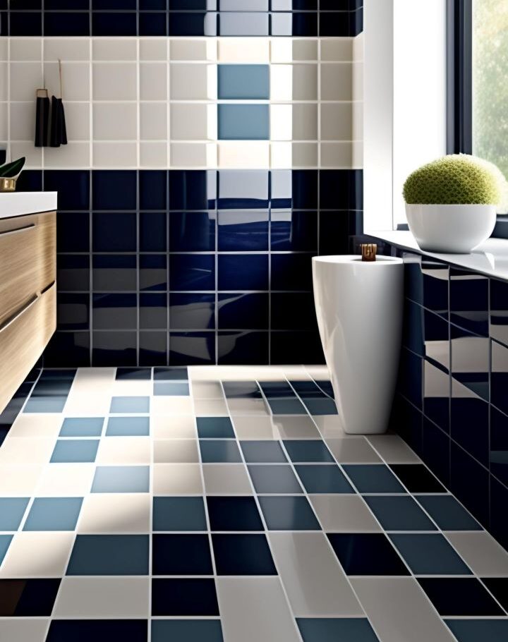 bathroom with blue white tiles floor