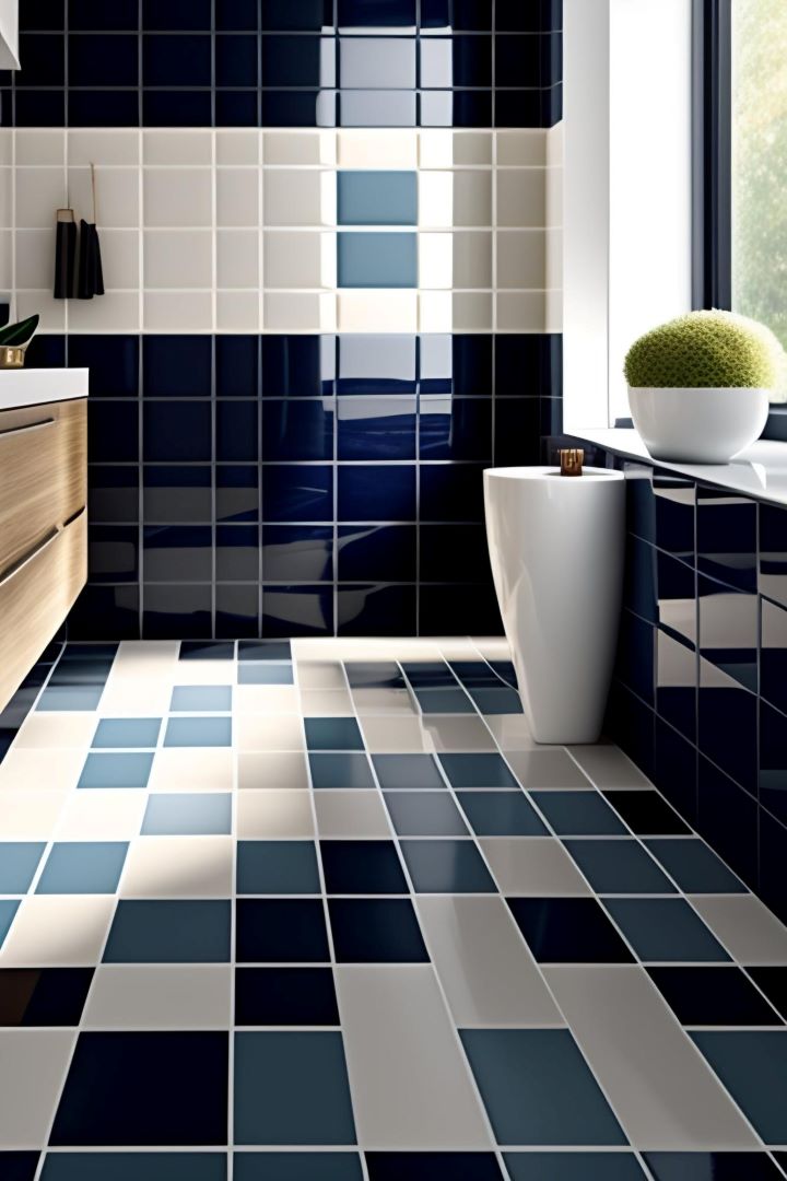 bathroom with blue white tiles floor